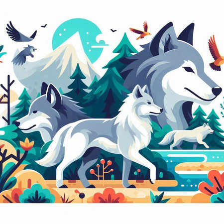 Vector illustration of wild animals in the forest. Fox and wolf.のイラスト素材
