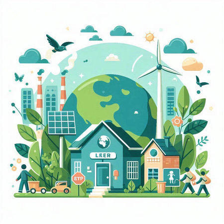 Ecology concept. Save the planet. Eco friendly town. Vector illustrationのイラスト素材