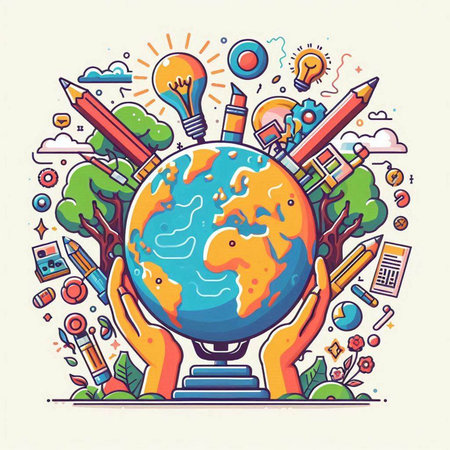 Vector illustration of hand holding globe with school supplies. Concept of education and learning.のイラスト素材