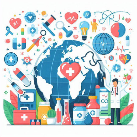 Vector illustration with world map, medical icons, stethoscope, pills, syringes, test tubes, globe.のイラスト素材