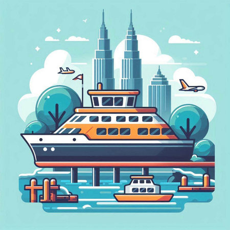 Vector illustration of ferry in the city. Flat style design. Travel concept.のイラスト素材
