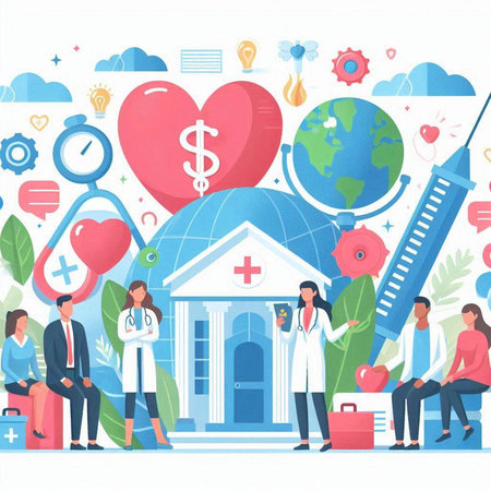 Healthcare and medicine concept with doctors and patients. Flat vector illustrationのイラスト素材