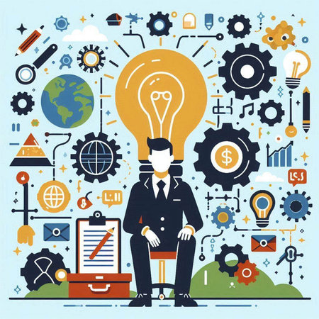 Vector illustration of a businessman with a briefcase and a light bulb on the background of business icons.のイラスト素材