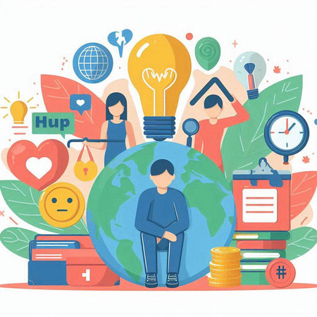 Vector illustration of a flat design with people around the world. The concept of education, training and learning.のイラスト素材