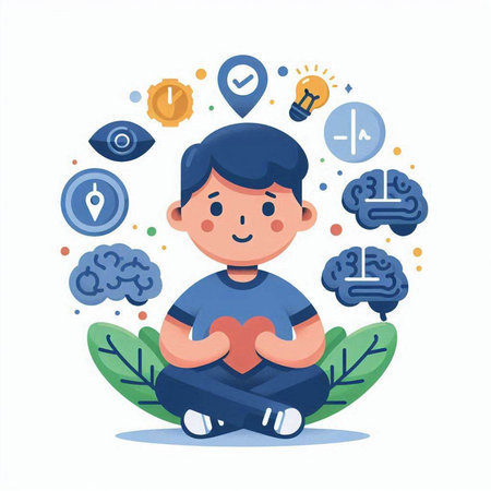 Boy meditating with mental health concept. Vector illustration in cartoon styleのイラスト素材