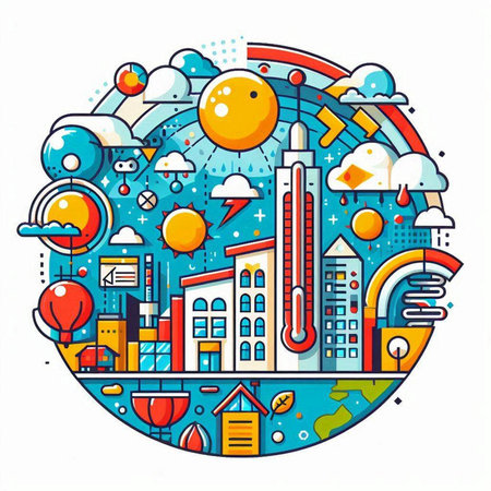Vector illustration of cityscape in circle shape. Line art design.のイラスト素材