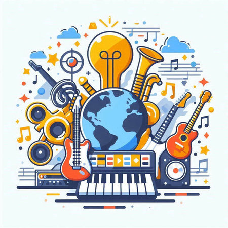 Music festival poster with musical instruments and planet earth. Vector illustration.のイラスト素材
