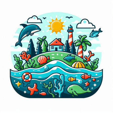 Vector illustration of a sea landscape with a lighthouse, palm trees, fish, starfish, starfish, seaweed and a dolphin.のイラスト素材