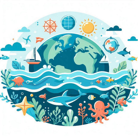 Vector illustration of the sea, ocean and the world. Flat style.のイラスト素材