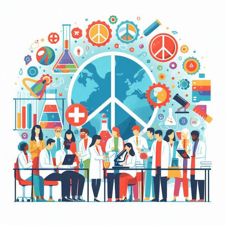 Vector illustration of group of scientists working in laboratory. Teamwork conceptのイラスト素材