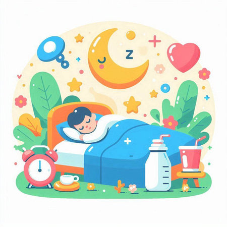 Illustration of a boy sleeping in bed with a cup of coffee and milk.のイラスト素材