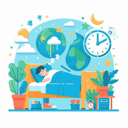 Man sleeping in bed at night. Vector illustration in flat style.のイラスト素材