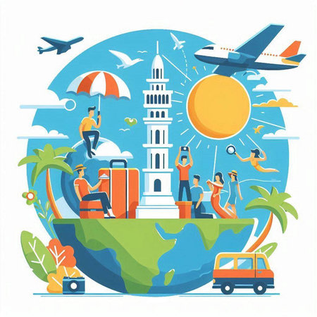 Traveling around the world concept. Flat design vector illustration on white background.のイラスト素材