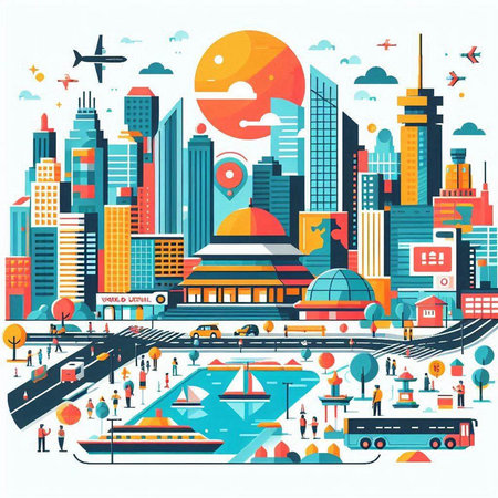 Cityscape with buildings, roads and people. Vector illustration in flat styleのイラスト素材
