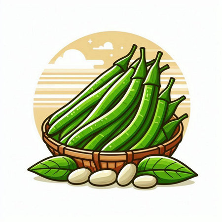 Bamboo basket with fresh green beans on white background. Vector illustration.のイラスト素材