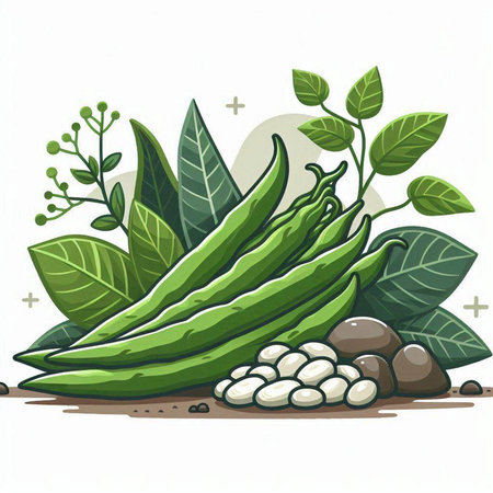 Green beans with leaves and stones. Vector illustration on white background.のイラスト素材