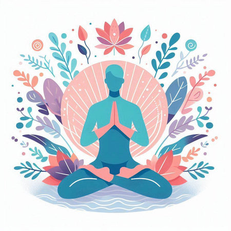 Vector illustration of a man meditating in the lotus position with floral backgroundのイラスト素材