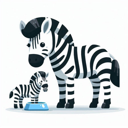 Cute cartoon zebra with a bowl of food. Vector illustration.のイラスト素材