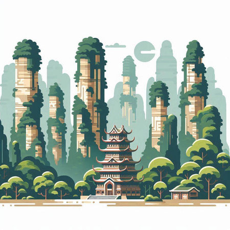 Landscape with pagoda in the middle of the forest. Vector illustration.のイラスト素材