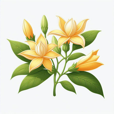 Illustration of yellow lily flowers with green leaves on white backgroundのイラスト素材