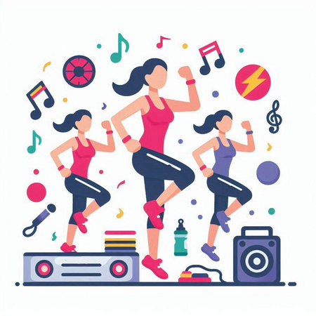 Sporty women doing exercise at home. Vector illustration in flat styleのイラスト素材