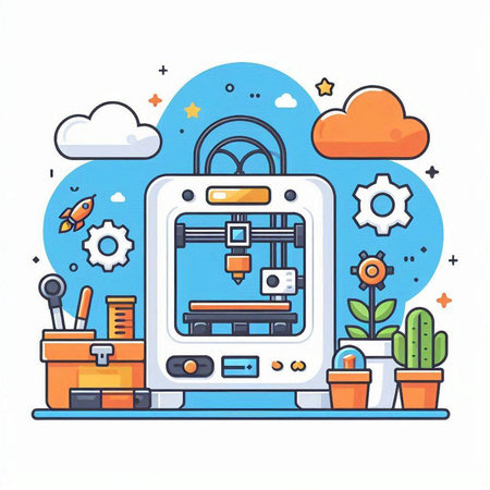 3D printer. Modern flat line design vector illustration on white background.のイラスト素材