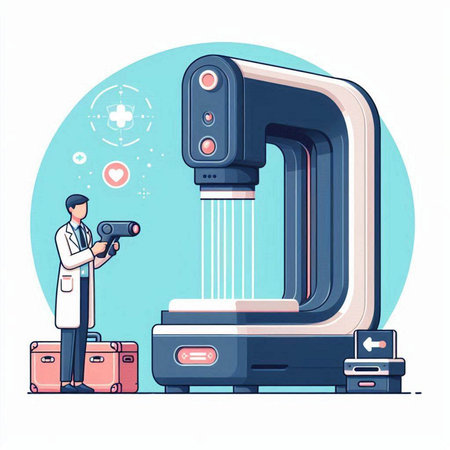 Doctor and equipment for diagnostics of the patient. Vector illustration.のイラスト素材