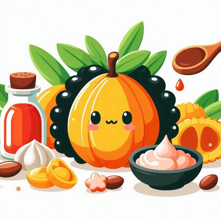 Cute kawaii pumpkin character with ingredients for cooking. Vector illustration.のイラスト素材