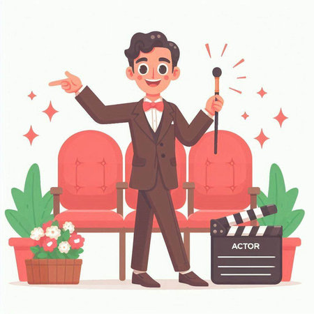 Cinema director flat vector illustration. Cartoon man character in tuxedo and bow tie holding movie clapper board and pointing at camera. Movie production concept.のイラスト素材