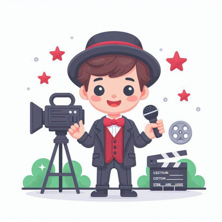 Cute boy with movie camera and clapperboard. Vector illustrationのイラスト素材