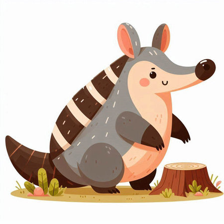 Cute cartoon hedgehog sitting on a stump. Vector illustration.のイラスト素材