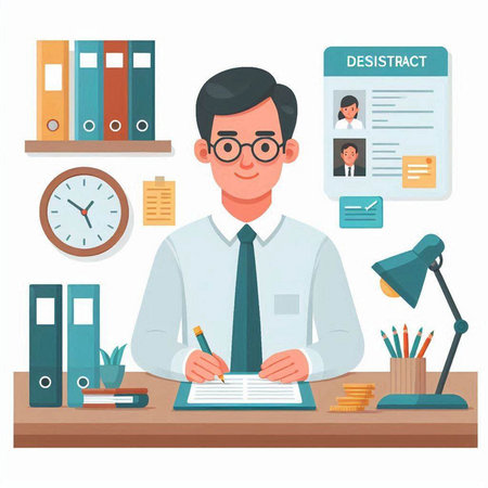 Man in office. Vector illustration in flat style. Businessman at work.のイラスト素材