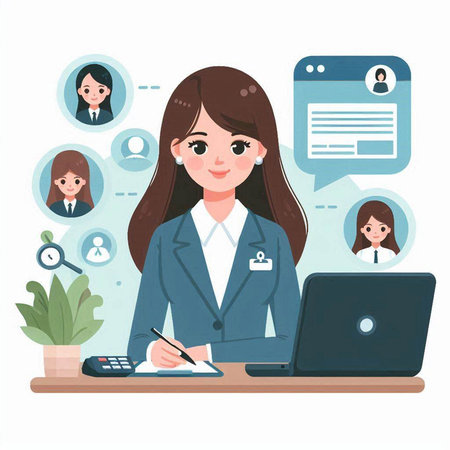 Business woman working at office with laptop. Vector illustration in flat styleのイラスト素材