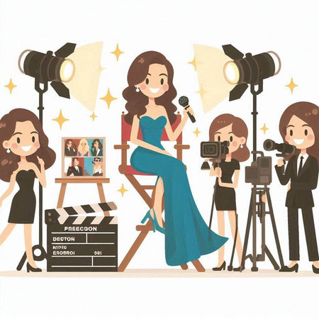 Illustration of a beautiful woman taking a photo with a professional cameraのイラスト素材