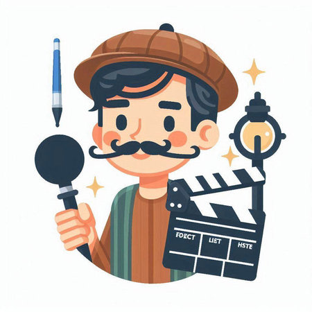 Cartoon man with mustache and clapperboard. Vector illustration.のイラスト素材