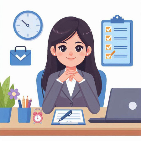 Business woman working in office. Vector illustration in a flat style.のイラスト素材