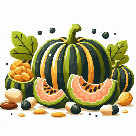 Pumpkin, nuts and seeds on white background. Vector illustration.のイラスト素材