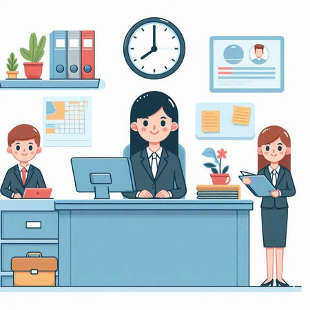Business people working in the office. Vector illustration of a businessman and businesswoman.のイラスト素材