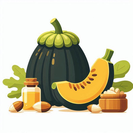 Pumpkin, seeds, oil, nuts. Vector illustration.のイラスト素材