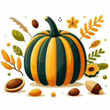 Pumpkin with autumn leaves and seeds on white background. Vector illustration.のイラスト素材