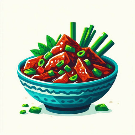 Illustration of a bowl of chinese food with chopsticks and vegetablesのイラスト素材