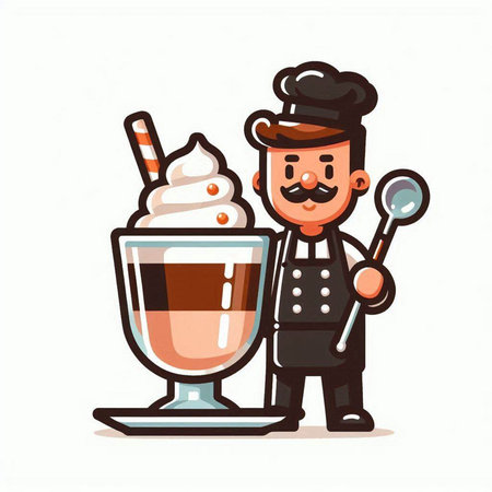 Chef with cup of coffee and ice cream cartoon vector illustration.のイラスト素材