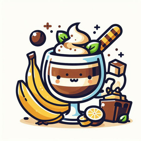 Coffee latte cup with whipped cream and banana. Vector illustration.のイラスト素材