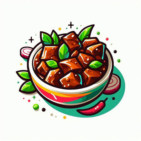 Illustration of beef stew in bowl on white background. Vector illustration.のイラスト素材
