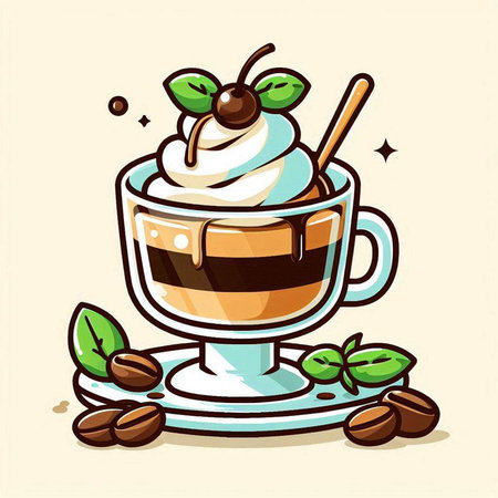 Coffee cup with whipped cream and cherry, vector illustration.のイラスト素材