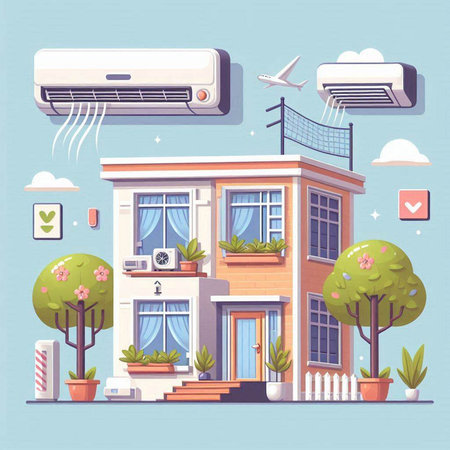 Air conditioner and home. Vector illustration in flat design style.のイラスト素材
