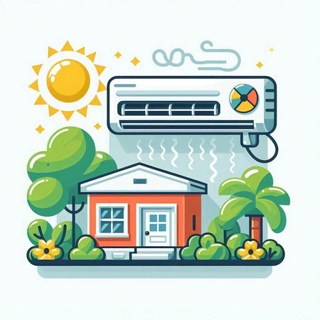 Air conditioner and house on the background of nature. Vector illustration.のイラスト素材