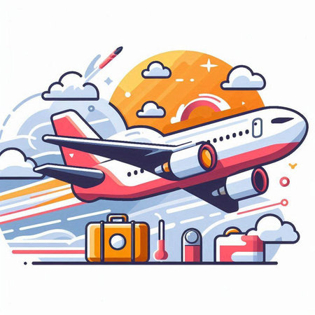 Airplane flying in the sky. Traveling by air. Vector illustrationのイラスト素材