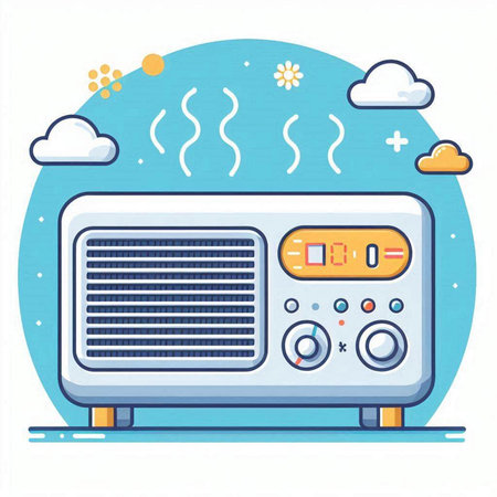 Vector illustration of a retro radio on a blue background with clouds.のイラスト素材