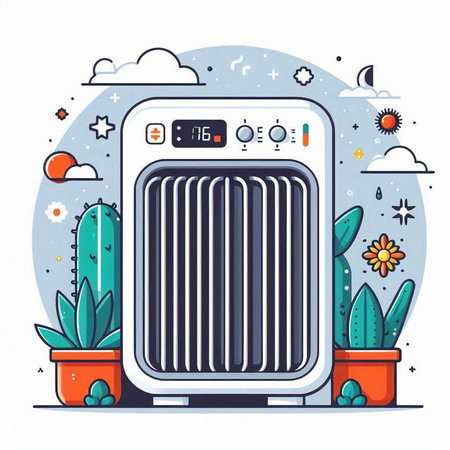 Vector illustration of a modern electric heater on a white background with plants.のイラスト素材